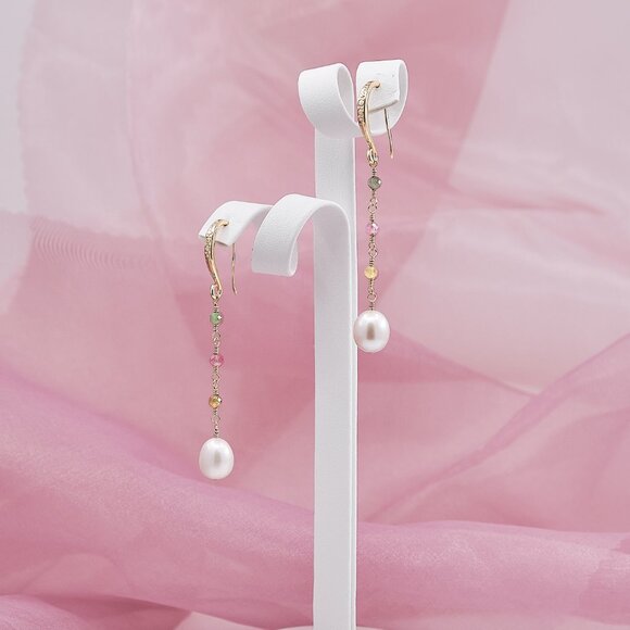 Pearl & Tourmaline Dangle Earrings, 14K Gold Filled Hammered French Hooks - Picture 4 of 9